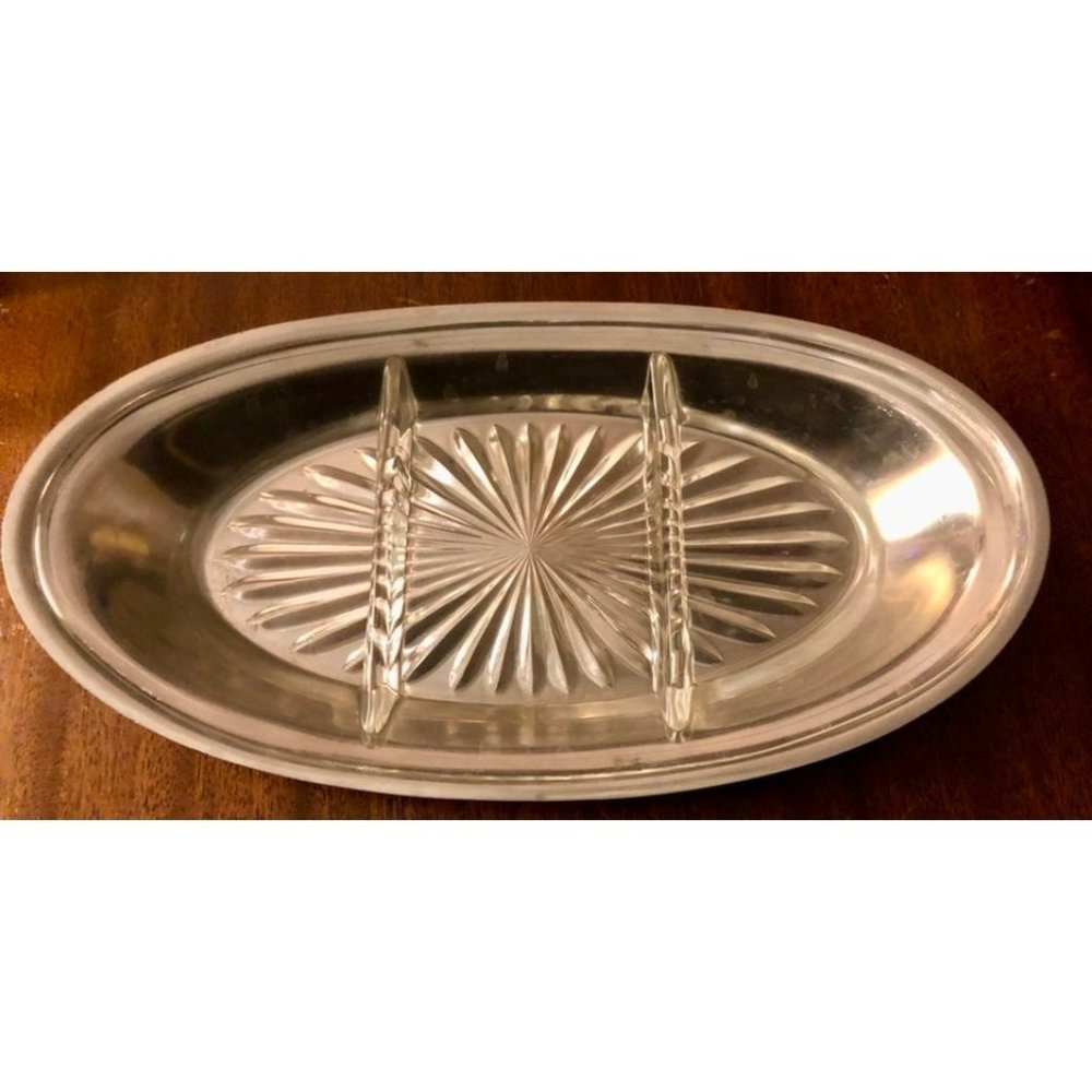 Steiff pewter serving tray w/ divided glass relish olive dip insert‎